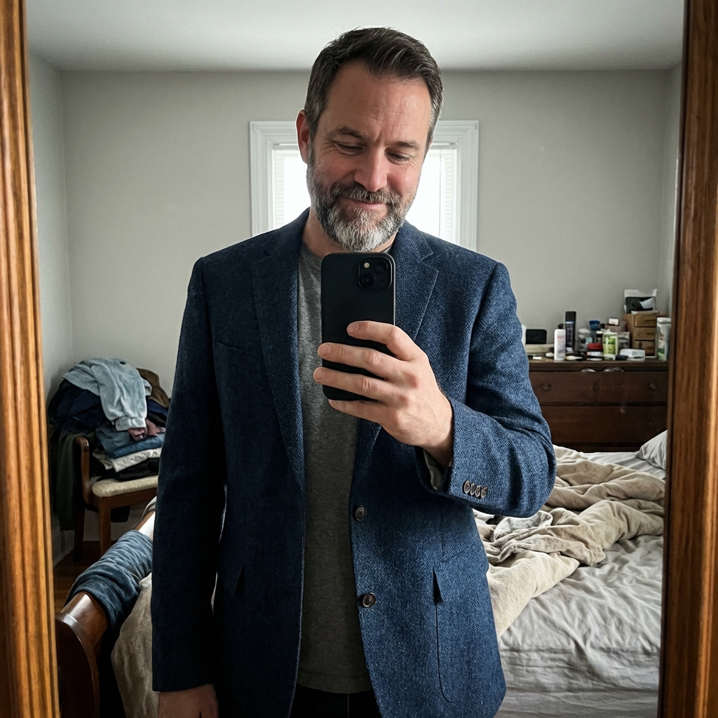 Man checking blazer fit in bedroom mirror selfie