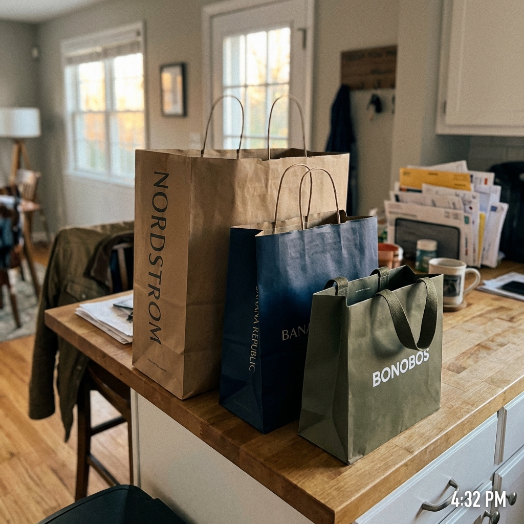 Shopping bags from quality menswear stores on kitchen counter